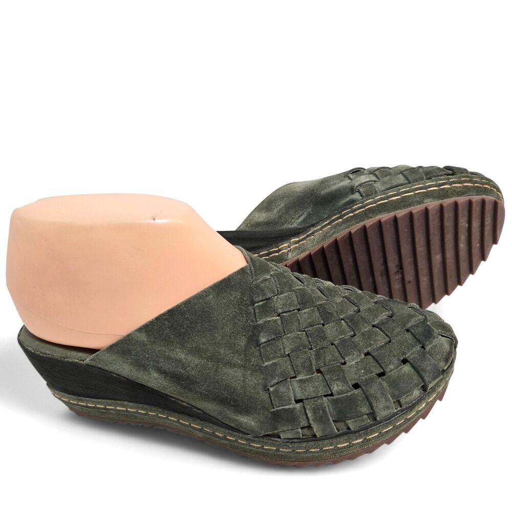 Antelope Womens Suede Woven Leather Wedge heel Mules Clogs Green 39 / 8-8.5 N80